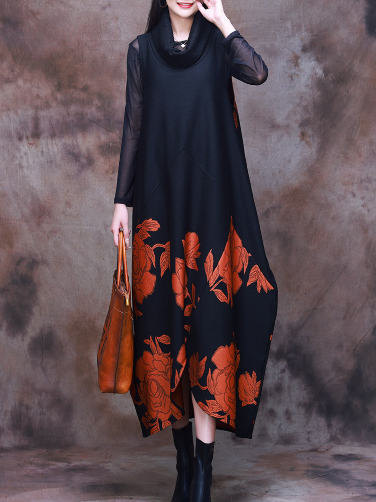 Floral Border Print High Neck Sleeveless Midi Dress