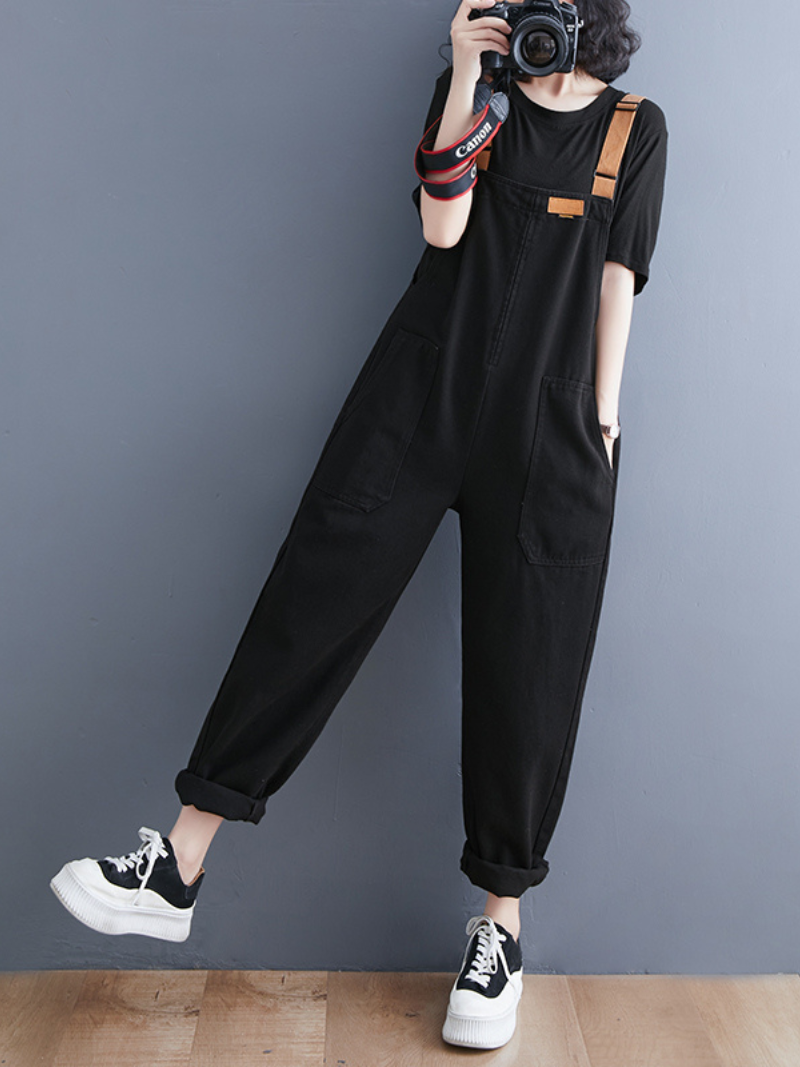 Denim Loose Shoulder Strap Large Size Black Overalls - Fashionpara