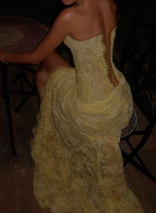 Sexy Strapless Yellow Lace Sequin High Slit Pleated Prom Gown Long Mermaid Party Dress D824