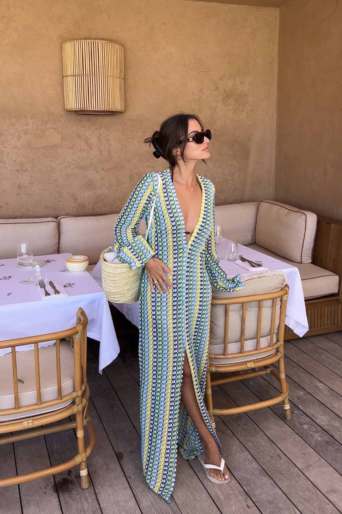 Crochet Deep V-Neck Long Sleeve Striped Boho Maxi Dress