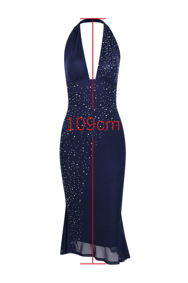 Rhinestone Halter Neck Plunge Chiffon Midi Dress 10