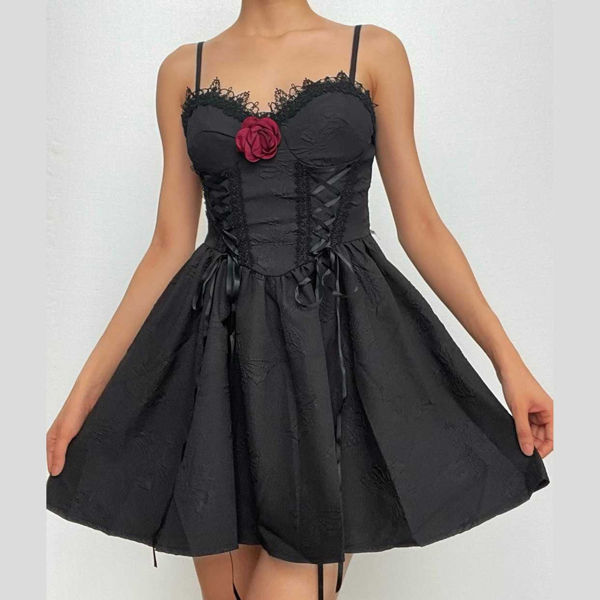Sweetheart Flower Applique Lace Trim Corset Fit and Flare Mini Dress