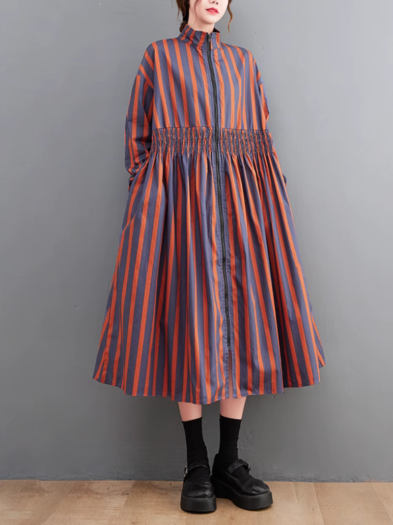 Striped Stand Collar Long Sleeve Zip-Front A-Line Midi Dress