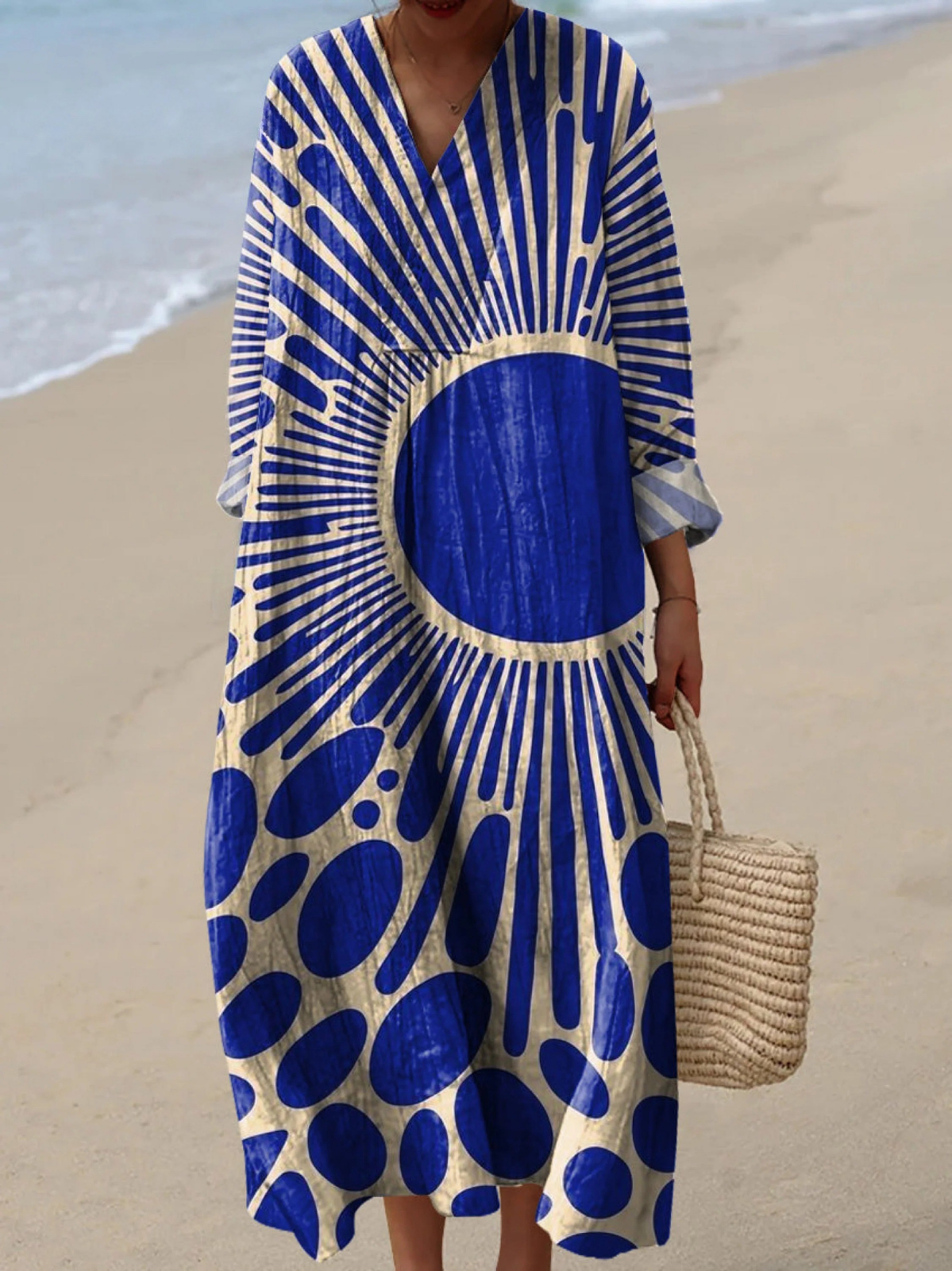 Sun Print V-Neck Long Sleeve Maxi Dress