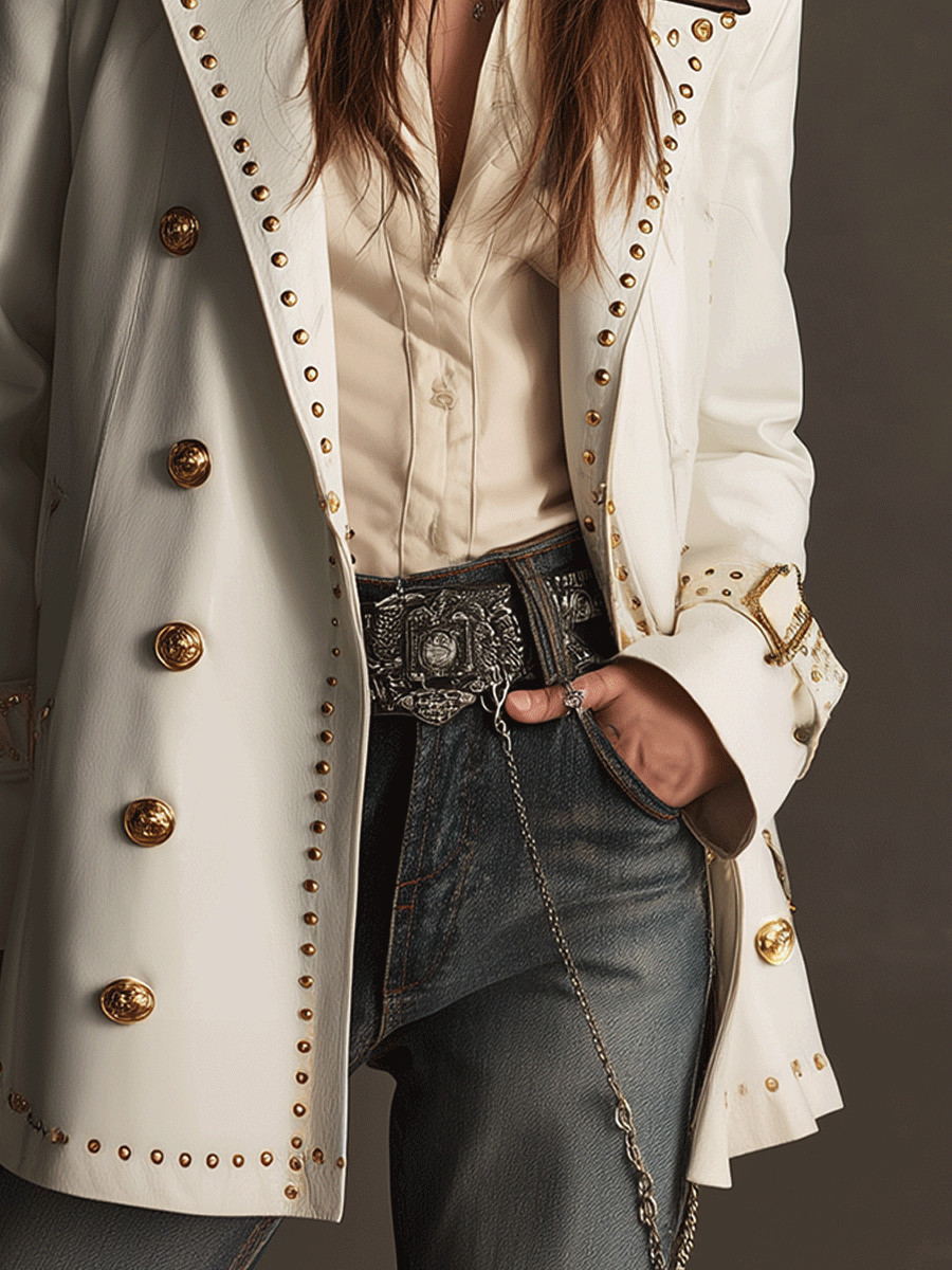 Classic White Studded Double-Breasted Leather Trench Coat