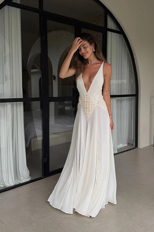 Deep V-Neck Spaghetti Strap Lace A-Line Maxi Gown