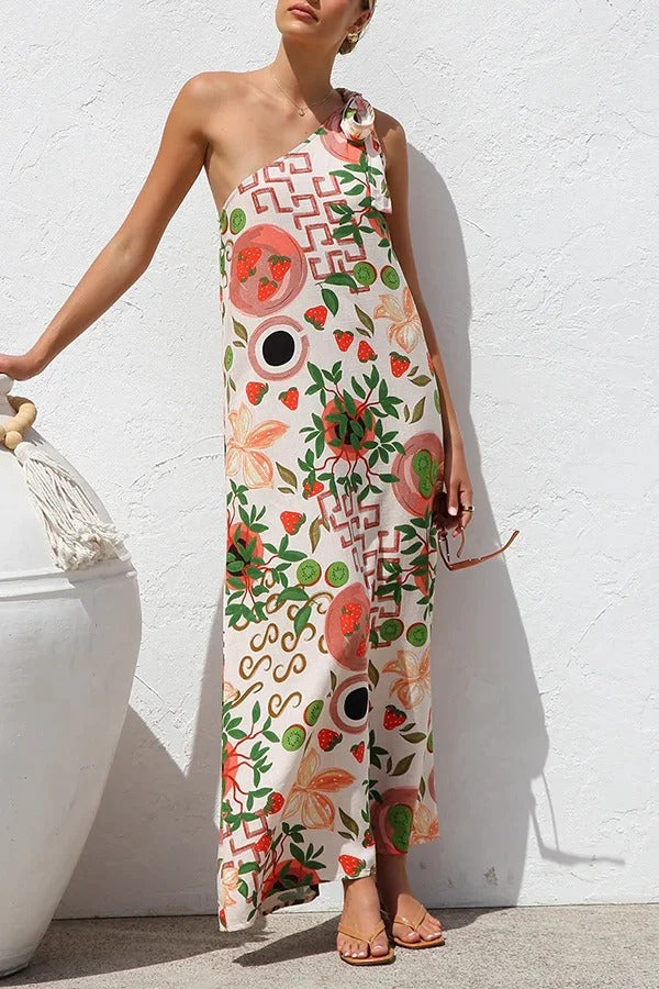 Botanical Print Elegant Strappy One-shoulder Resort Maxi Dress - Fashionpara