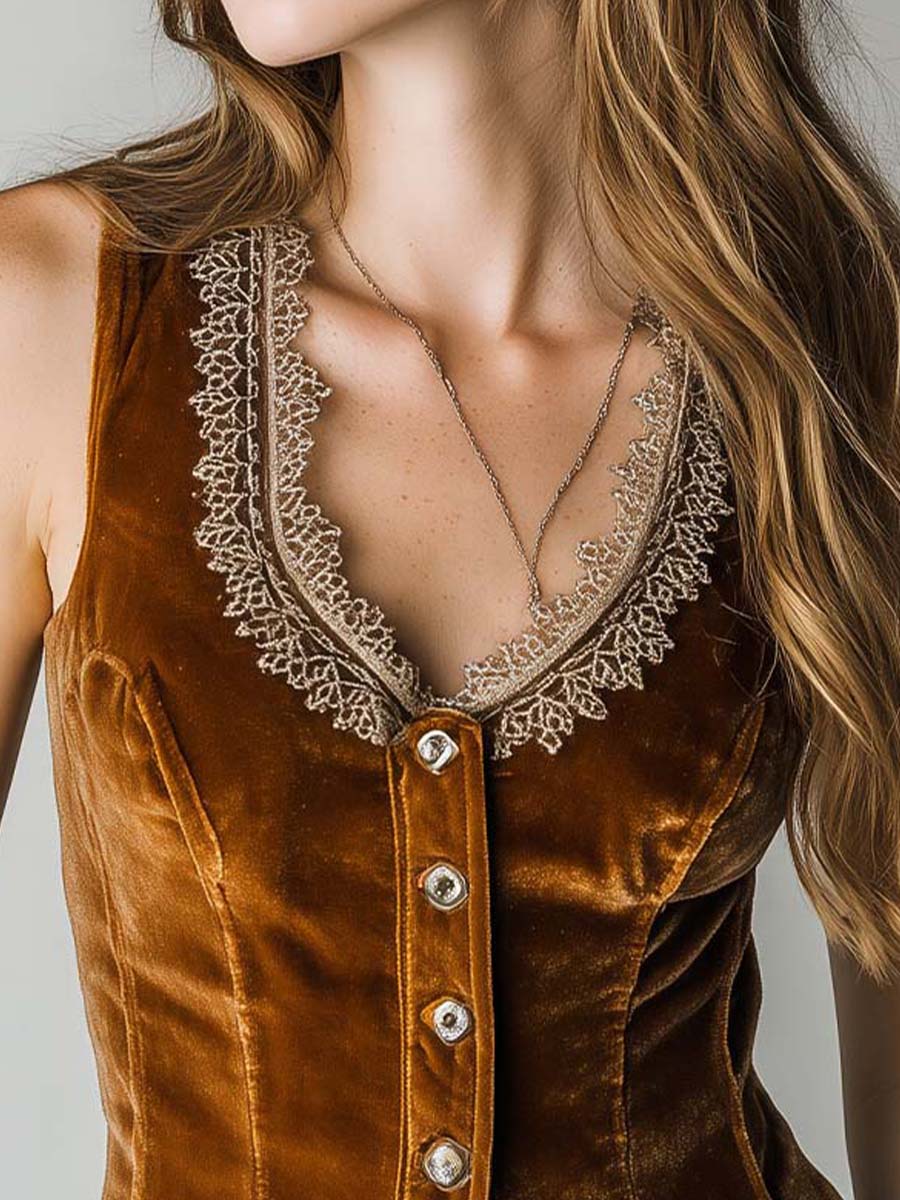 Caramel Velvet Embroidered Lace Trim Vest - Fashionpara