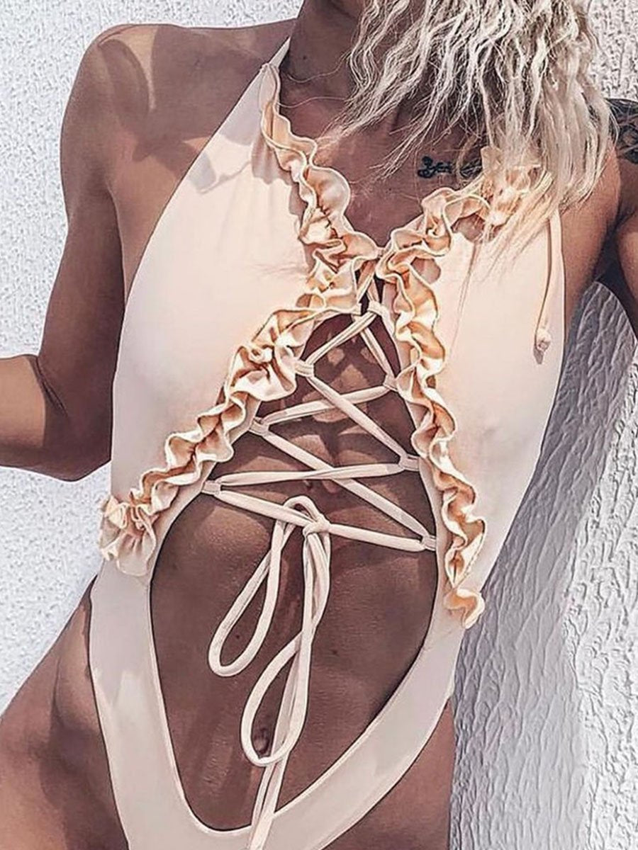Hollow-out Design Flounce One-piece Swimsuit (2 Colors) - Fashionpara