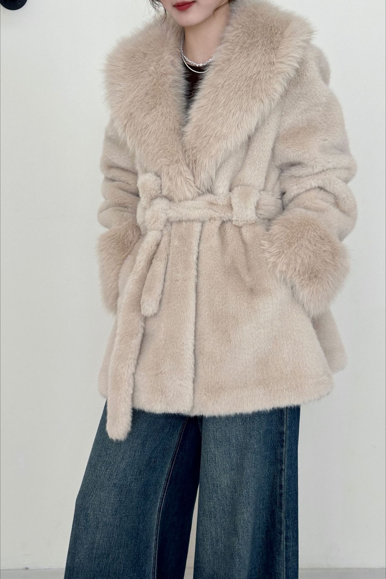 Faux Animal Fur Suede Mid-Length Notch Collar Tie Waist Coat