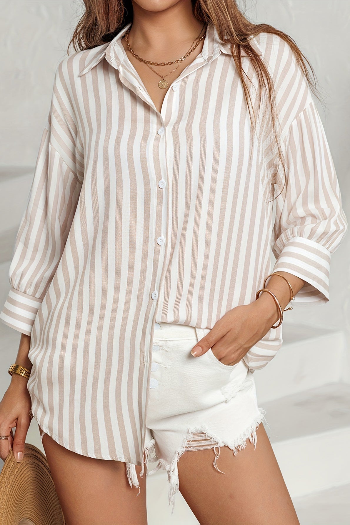 Striped Long Sleeve Pocket Button-Down Blouse - Fashionpara