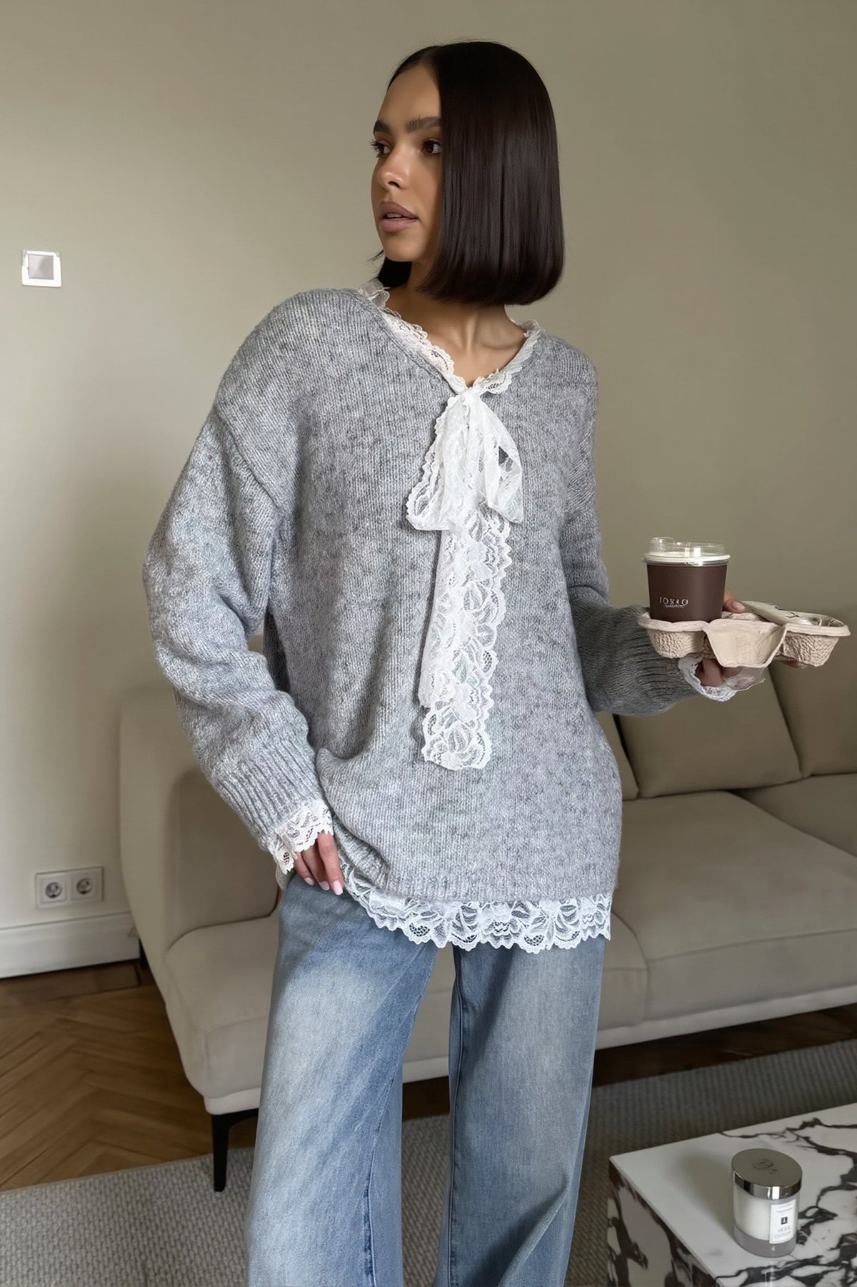 Lace Trim Bow Neck Relaxed Pullover Sweater