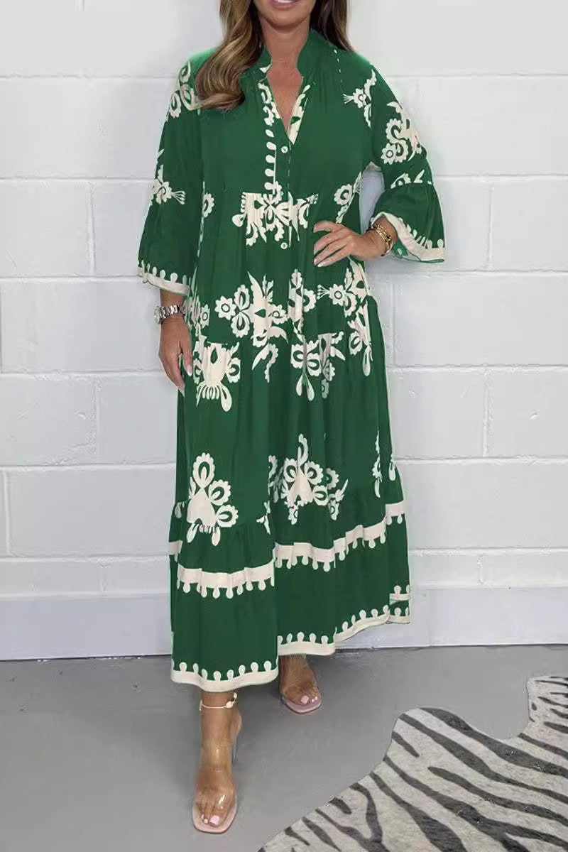 Floral Print Band Collar Puff Sleeve Tiered Maxi Dress