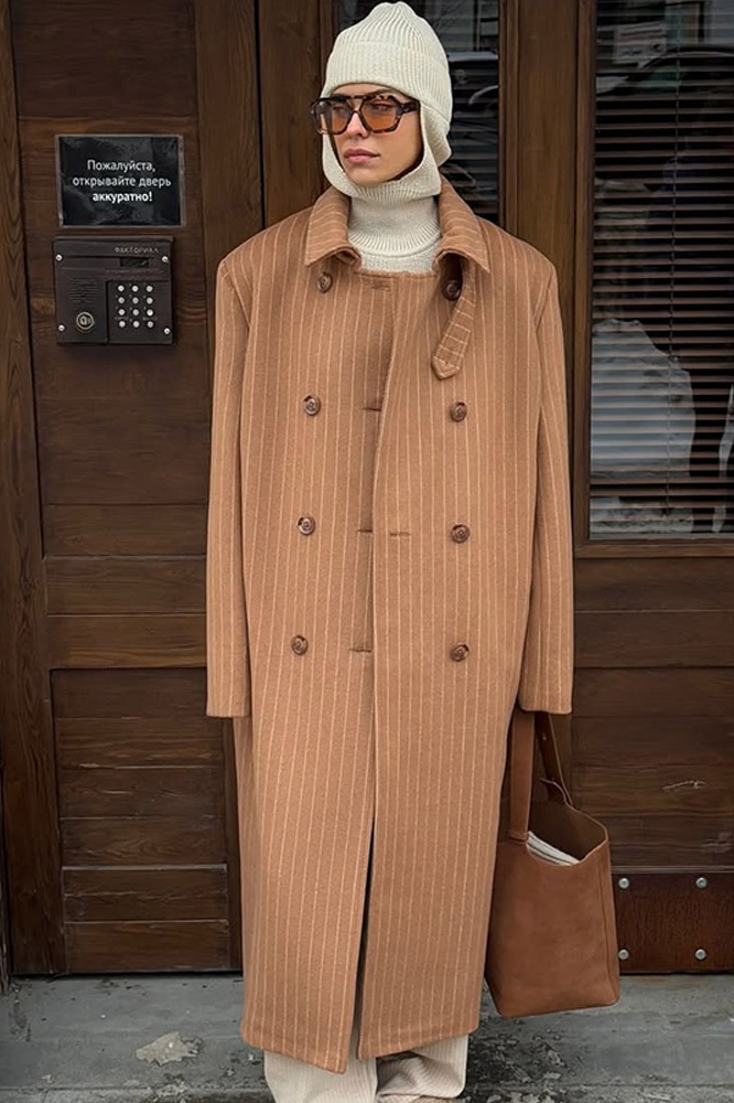 Vintage Pinstripe Notch Collar Long Wool Overcoat - Fashionpara