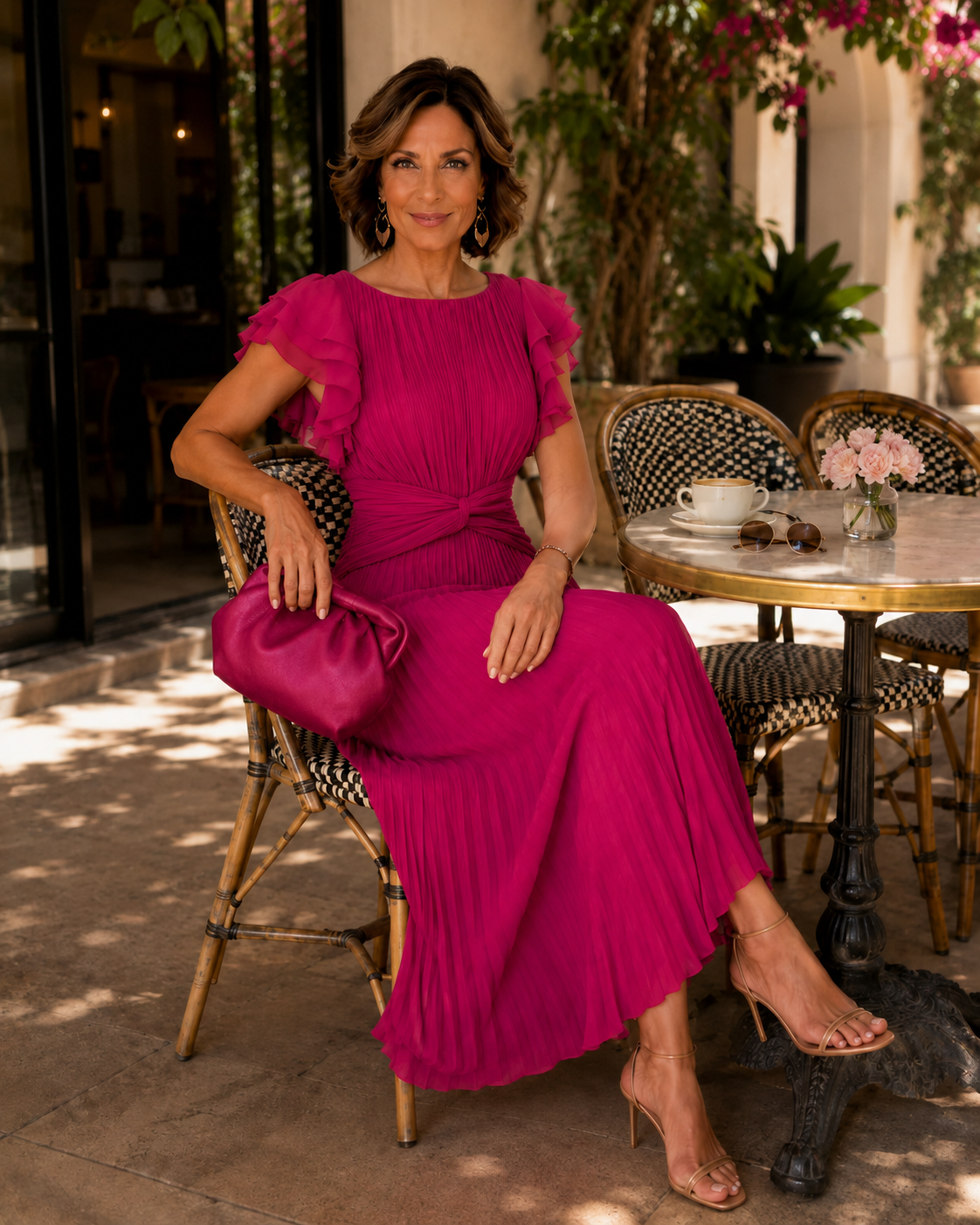 Round Neck Ruffle Sleeve Pleated Tie Waist Midi Dress 5