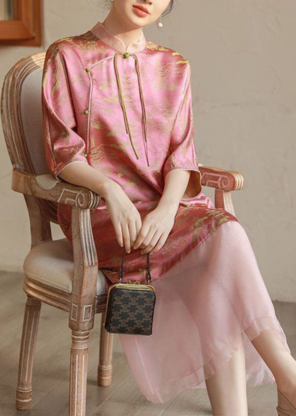 Jacquard Mandarin Collar Tassel Tie Three Quarter Midi Dress - View 4