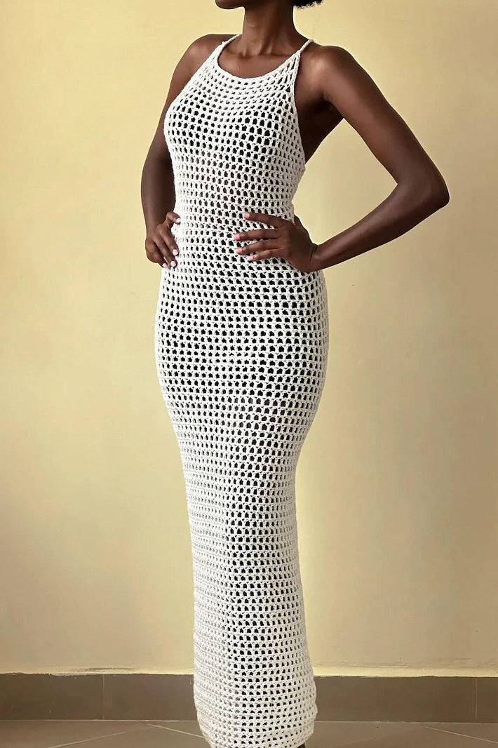 Beach Vacation Knit Cut Out Cover Up Maxi Sweater Dress - Fashionpara