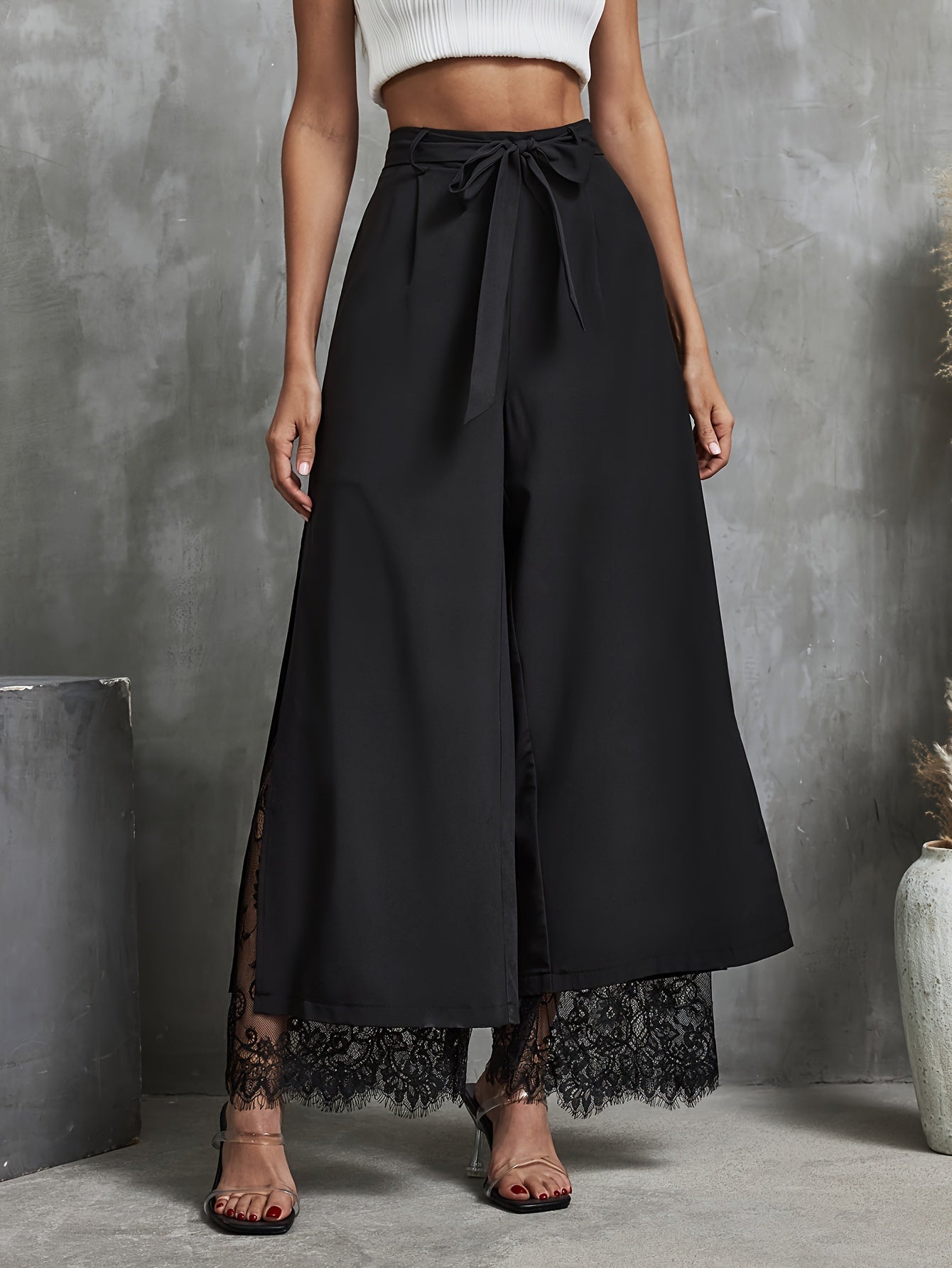 Elegant Lace Trim Elastic Waist Wide-Leg Palazzo Pants