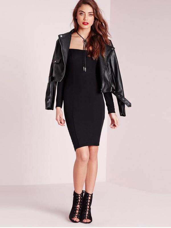 Square Neck Long Sleeve Bodycon Midi Dress