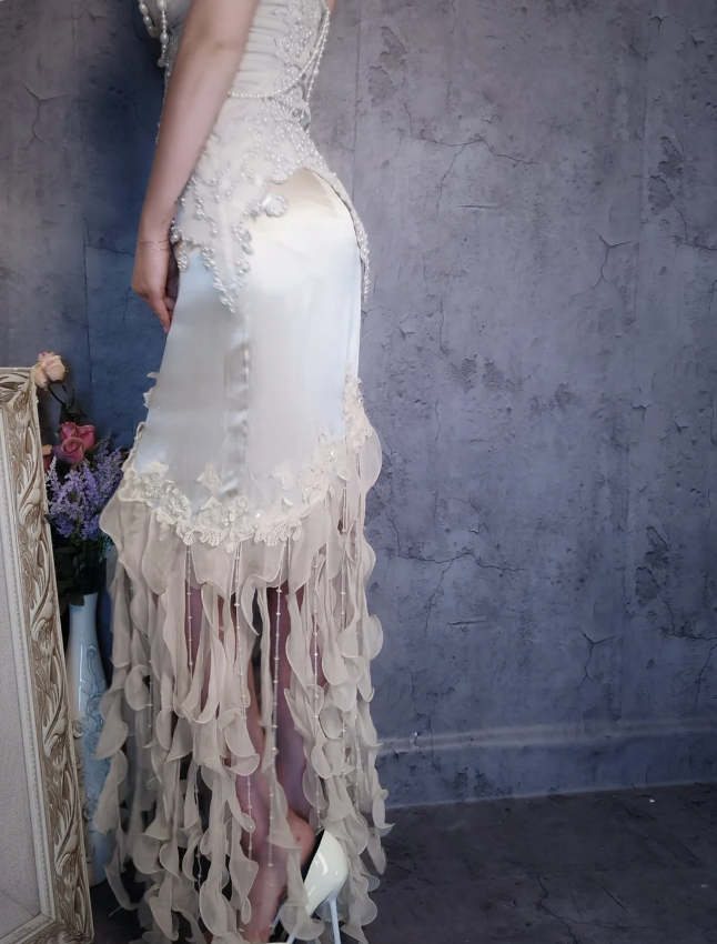 Luxurious Ivory Mermaid Thin Strap Pearl Ruffled Satin Long Prom Dress Evening Dress P4310