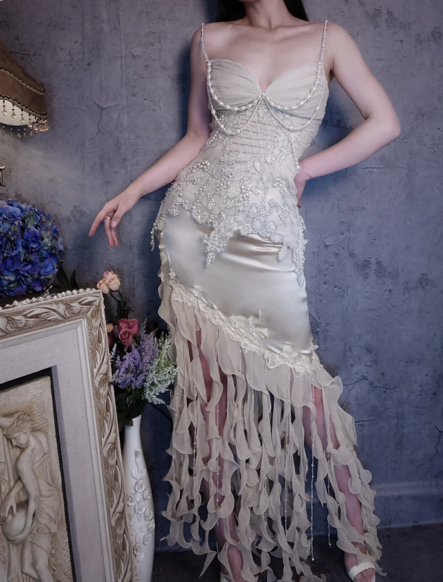 Luxurious Ivory Mermaid Thin Strap Pearl Ruffled Satin Long Prom Dress Evening Dress P4310