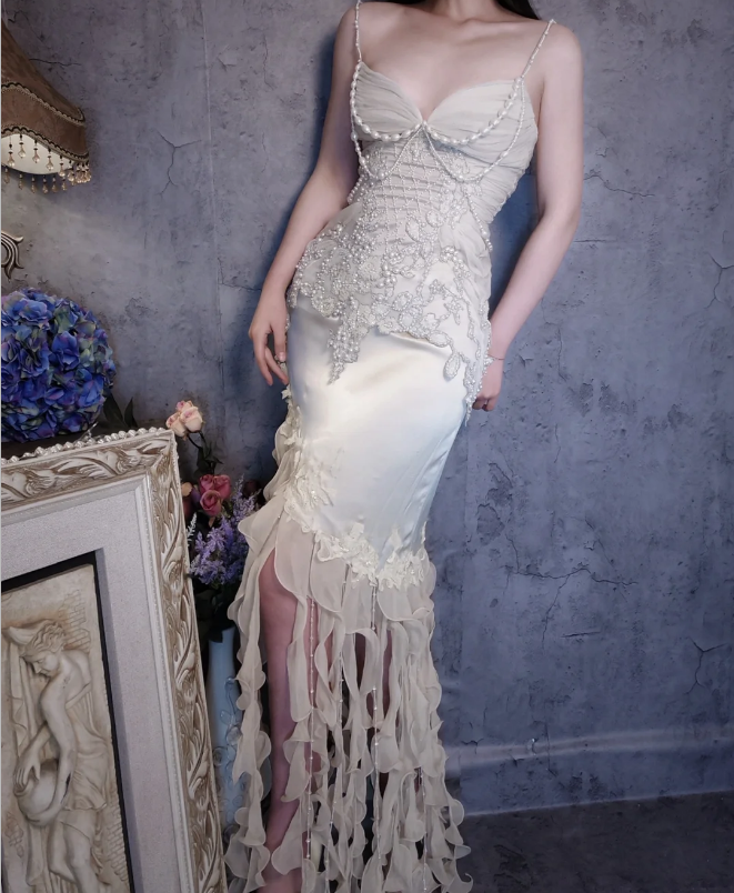 Luxurious Ivory Mermaid Thin Strap Pearl Ruffled Satin Long Prom Dress Evening Dress P4310