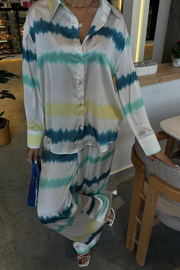 Lizbeth Satin Tie Dye Print Long Sleeve Shirt and Elastic Waist Pocketed Pants Set - Fashionpara