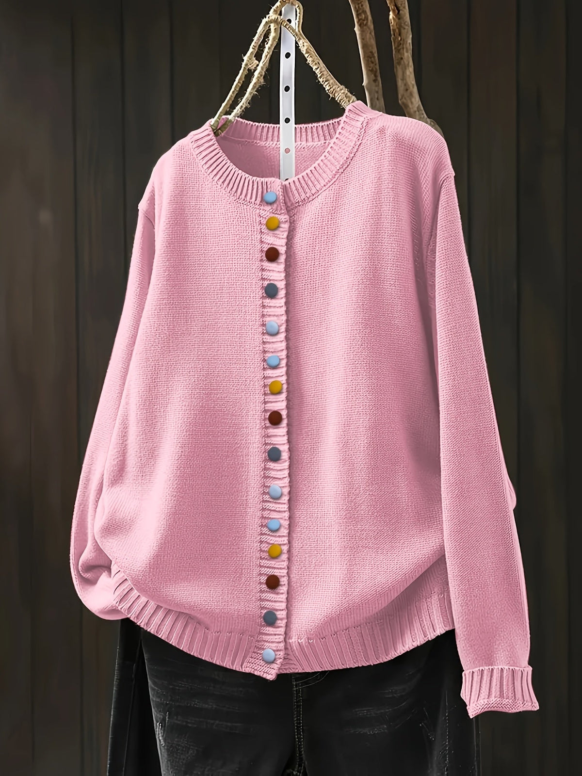 Round Neck Button Front Pom Pom Knit Cardigan