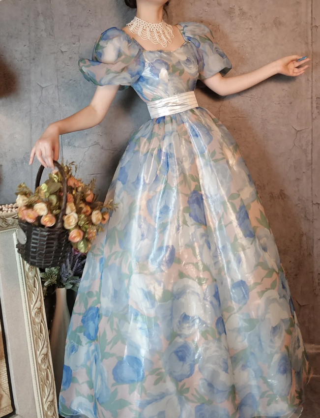 Vintage Blue Floral A-line Square Neck Puff Sleeve Glossy Organza Long Prom Dress Evening Dress P4313