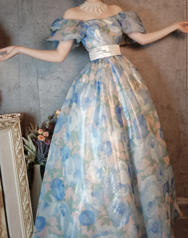 Vintage Blue Floral A-line Square Neck Puff Sleeve Glossy Organza Long Prom Dress Evening Dress P4313