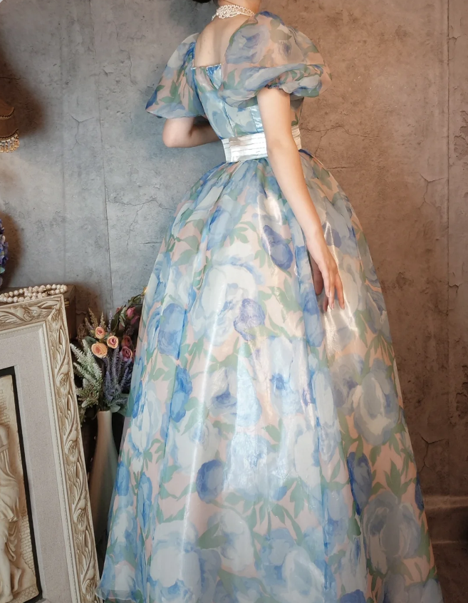 Vintage Blue Floral A-line Square Neck Puff Sleeve Glossy Organza Long Prom Dress Evening Dress P4313
