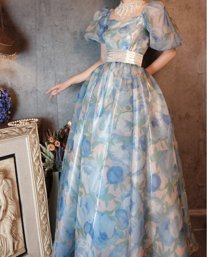 Vintage Blue Floral A-line Square Neck Puff Sleeve Glossy Organza Long Prom Dress Evening Dress P4313