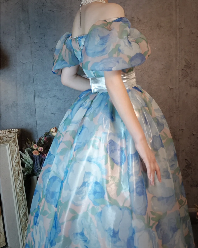 Vintage Blue Floral A-line Square Neck Puff Sleeve Glossy Organza Long Prom Dress Evening Dress P4313
