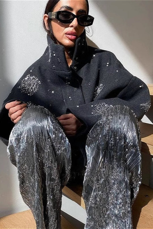 Vintage Rhinestone Turtleneck Loose Coat