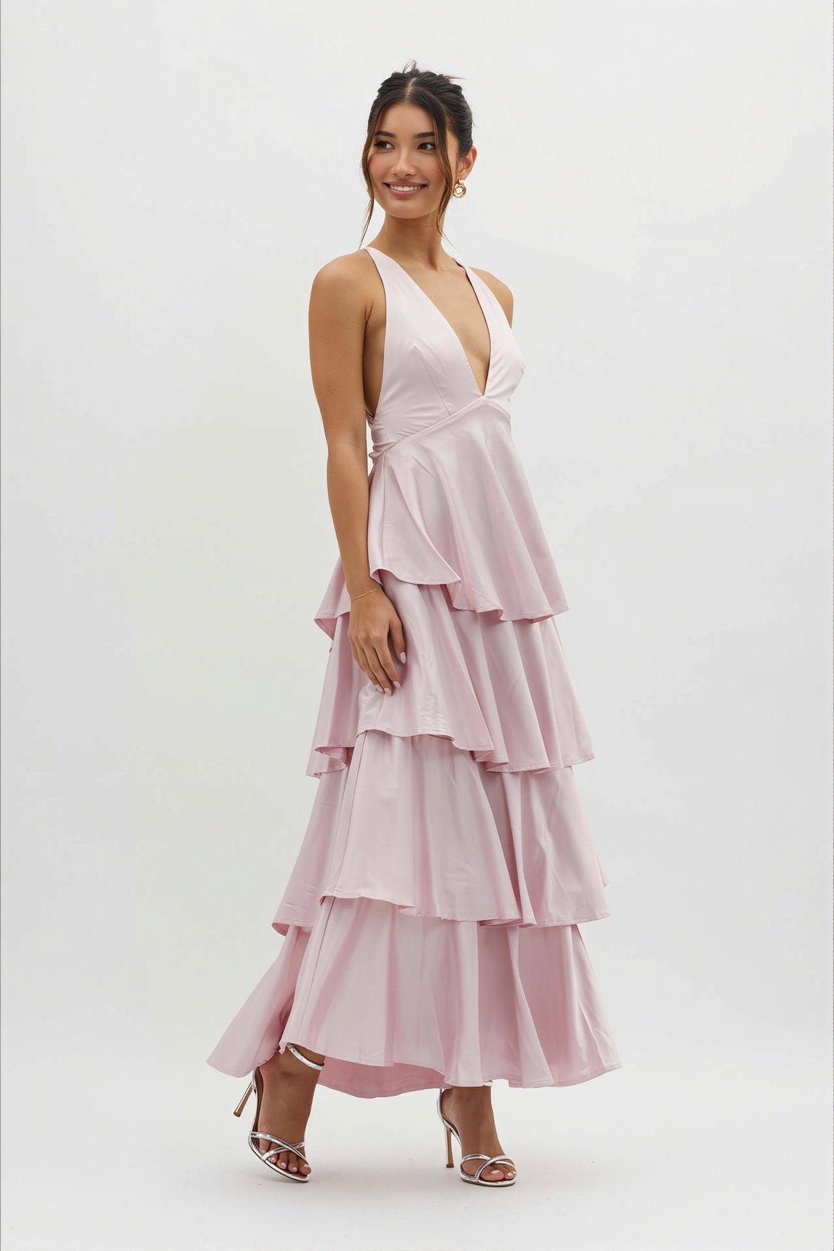 Satin Plunge V-Neck Tiered Ruffle Maxi Formal Dress