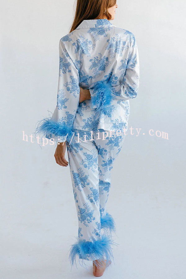 Sweet Daydreamer Floral Printed Feather Trim Elastic Waist Pocketed Pajama Set - Fashionpara