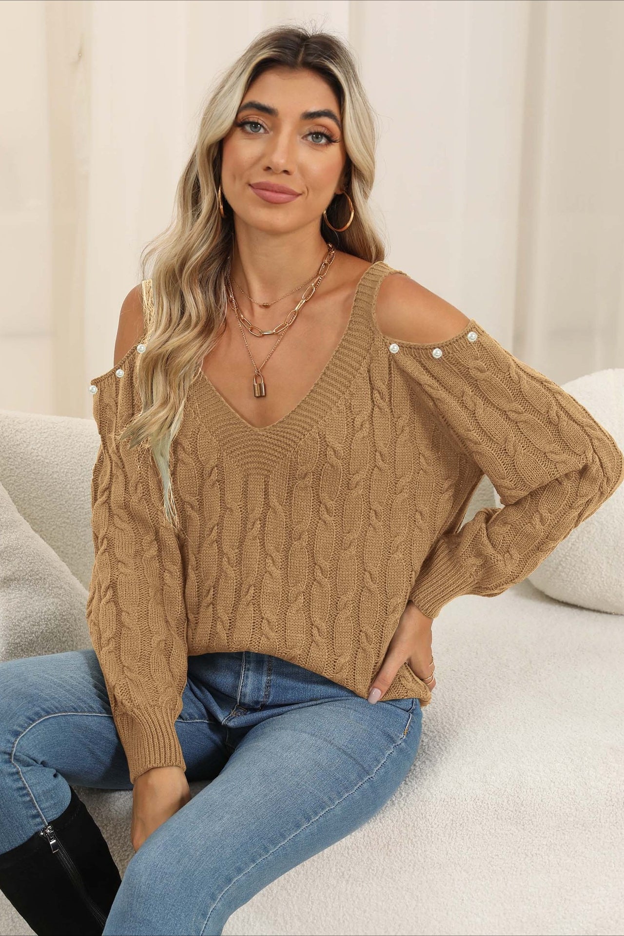 PrincessAce Deep V Off-Shoulder Pullover Sweater for Women