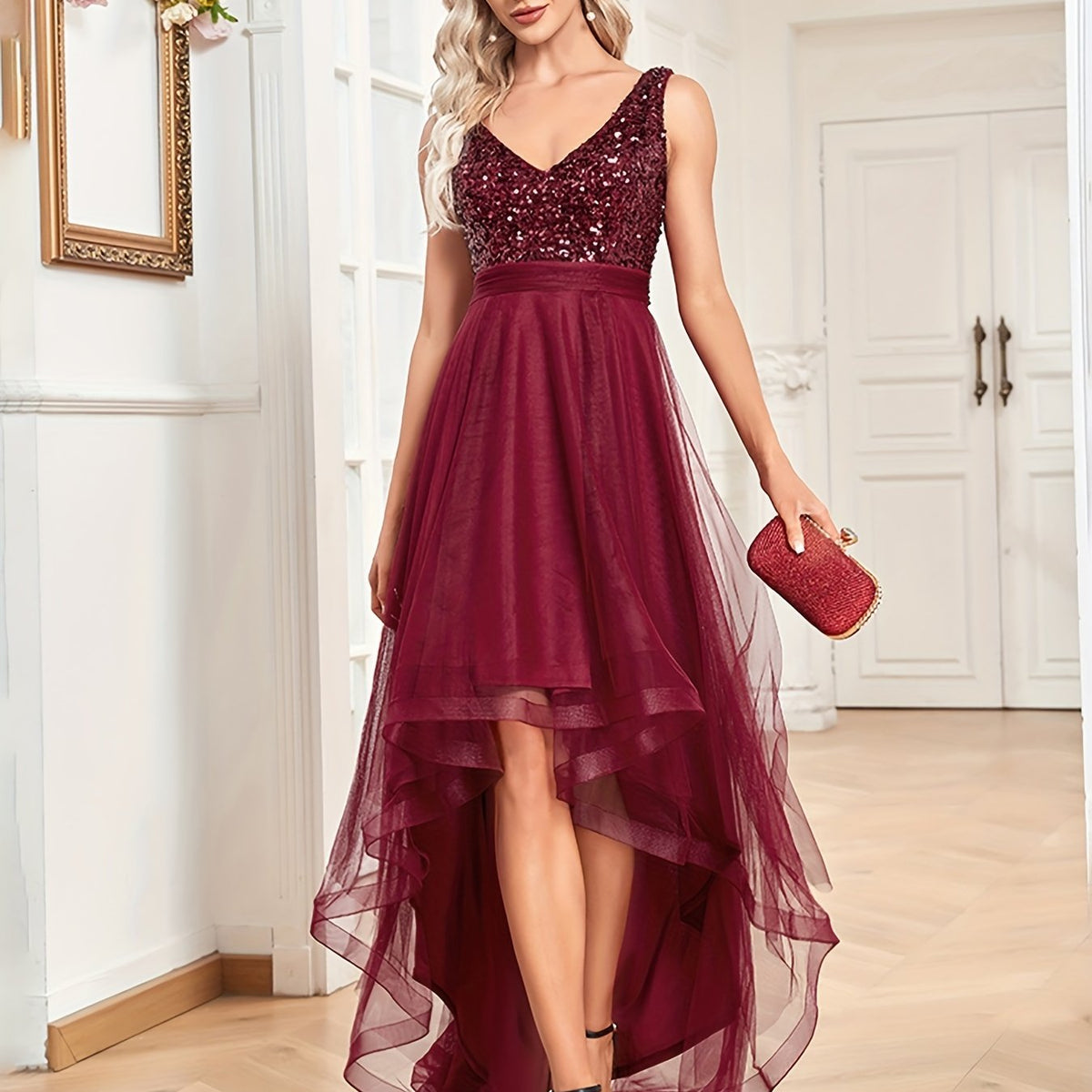 Sequin Bodice V-Neck Sleeveless Tulle Hi-Low Dress 7