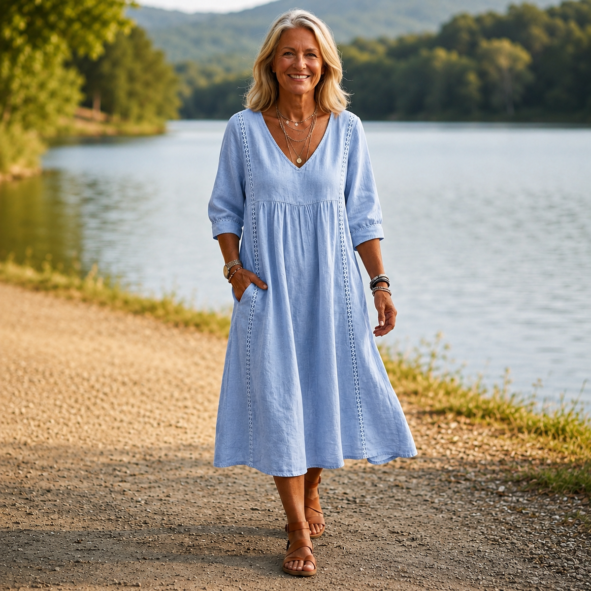 V-Neck 3/4 Sleeve Ladder Trim Linen Look Midi Dress