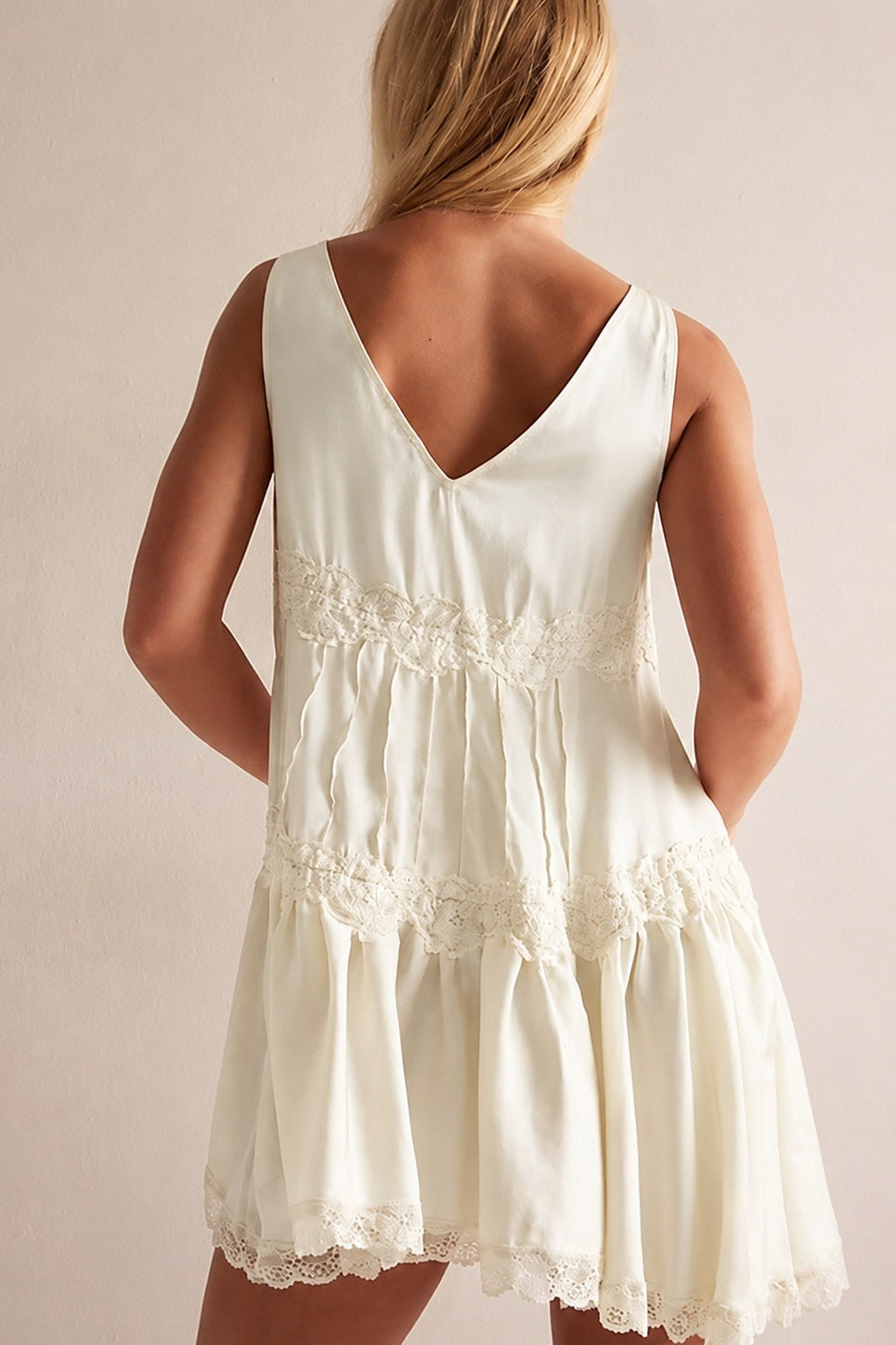 Lace Trim V-Neck Sleeveless Tiered Babydoll Mini Dress