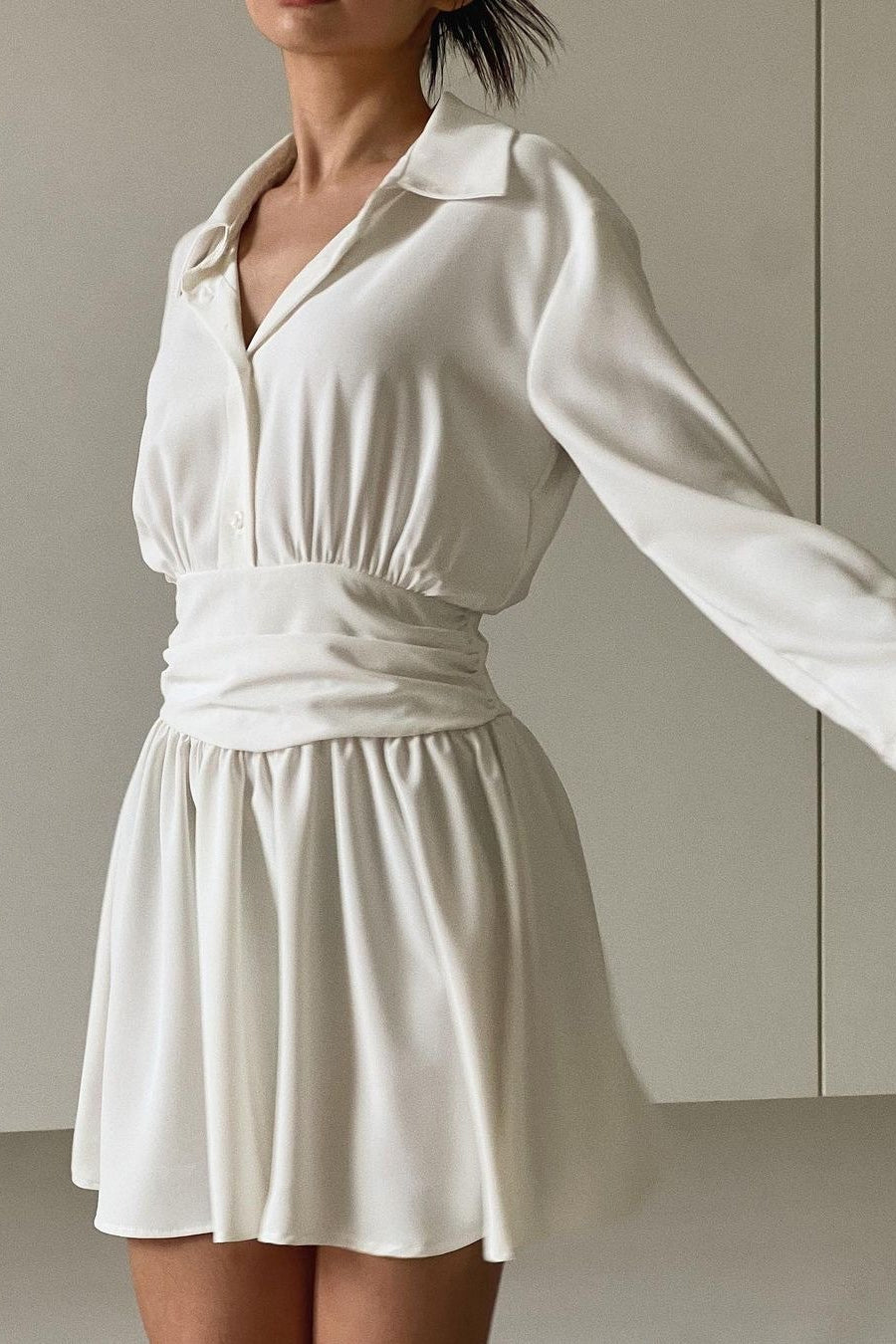 Collared Long Sleeve Wrap Waist Fit & Flare Mini Dress