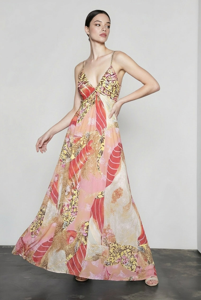 Floral Print Plunge V-Neck Spaghetti Strap Maxi Dress