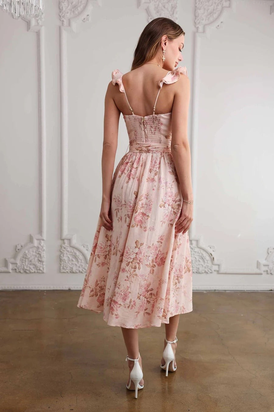 Floral Print Sweetheart Ruffle Strap Corset Maxi Dress 3