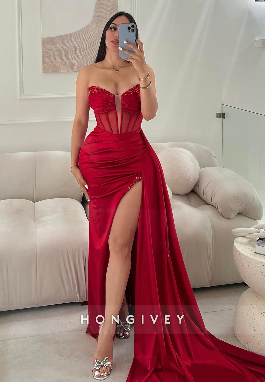 L2214 - Sexy Satin Fitted Sweetheart Strapless Empire Ruched Beaded With Side Slit Party Prom Evening Dress - Fashionpara