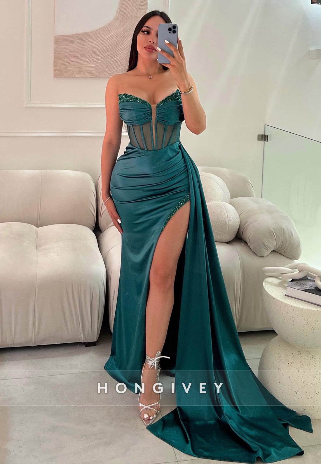 L2214 - Sexy Satin Fitted Sweetheart Strapless Empire Ruched Beaded With Side Slit Party Prom Evening Dress - Fashionpara