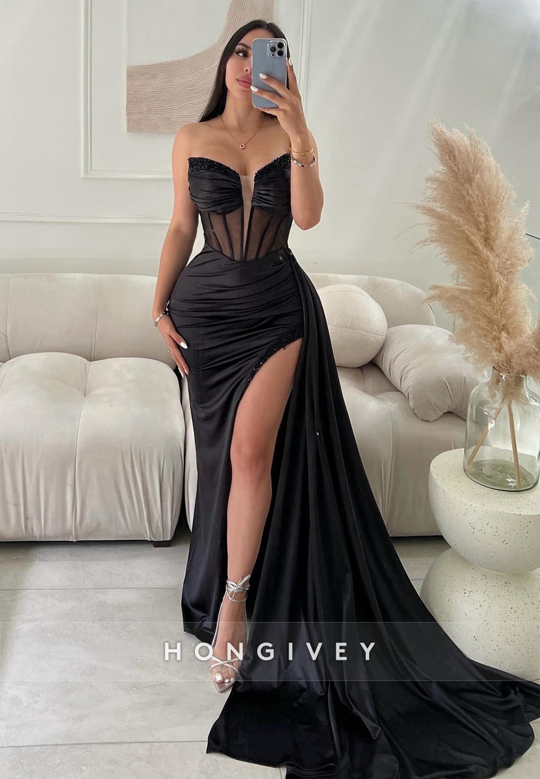 L2214 - Sexy Satin Fitted Sweetheart Strapless Empire Ruched Beaded With Side Slit Party Prom Evening Dress - Fashionpara
