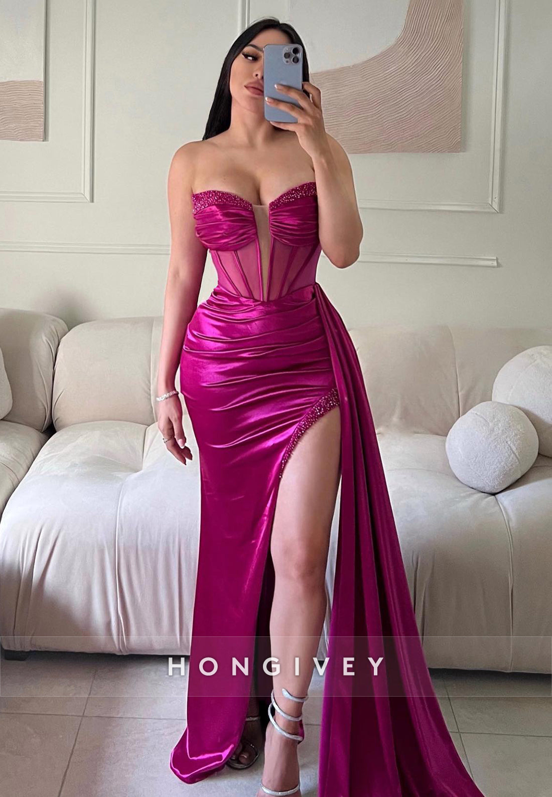 L2214 - Sexy Satin Fitted Sweetheart Strapless Empire Ruched Beaded With Side Slit Party Prom Evening Dress - Fashionpara