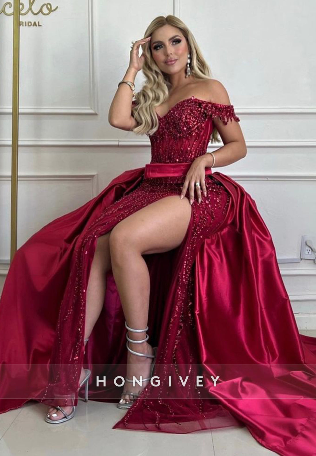 L1001 - Sparkly Crystal Beaded Illusion With Train And Slit Party Prom Formal Evening Dress