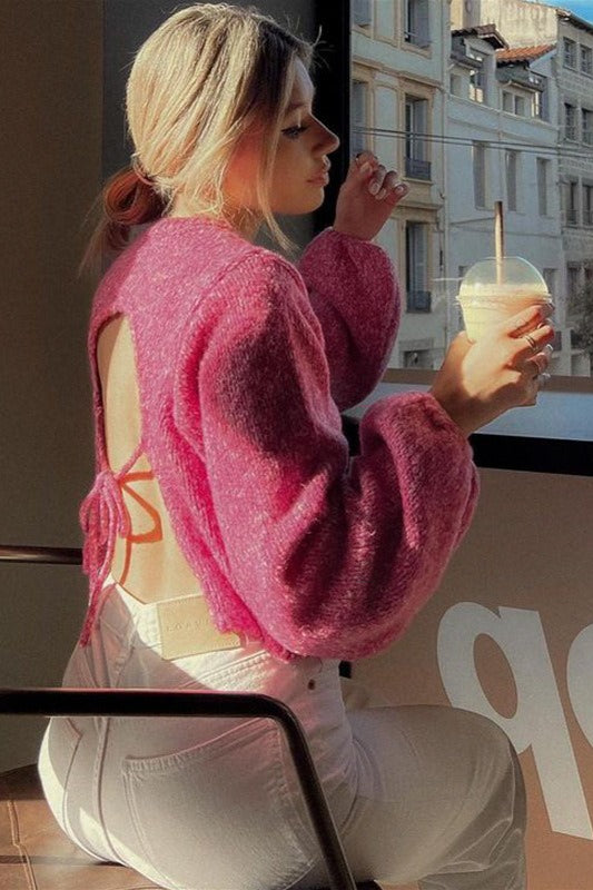 PrincessAce Backless Tie-Knit Crew Neck Long Sleeve Sweater