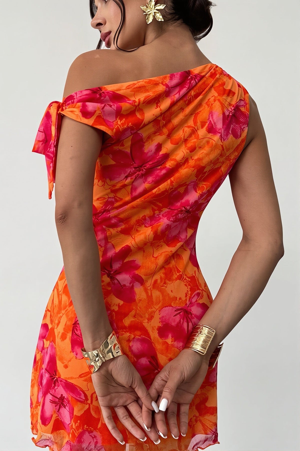 Floral One Shoulder Tie Front Draped Mini Dress